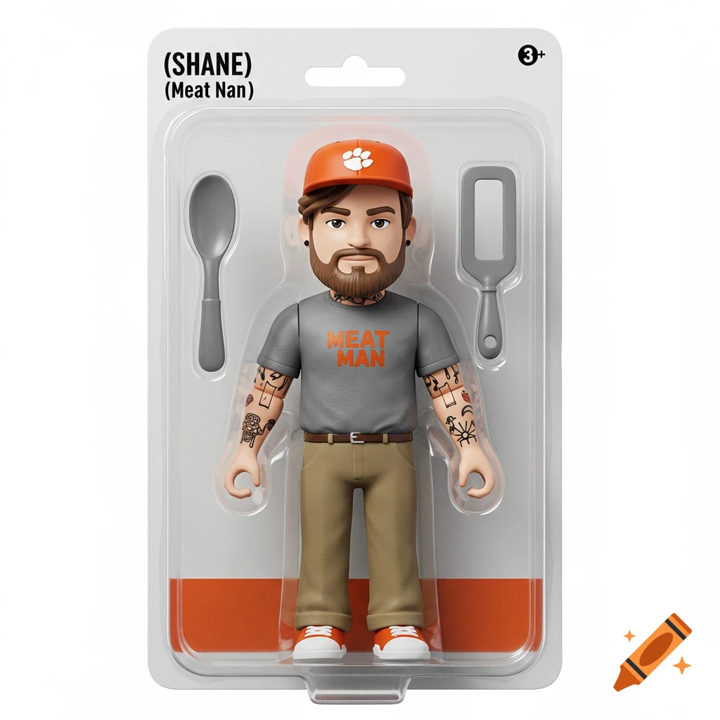 Action figure of a man with beard, tattoos, hat, MEAT MAN shirt, and khaki pants, packaged with spoon and spatula.