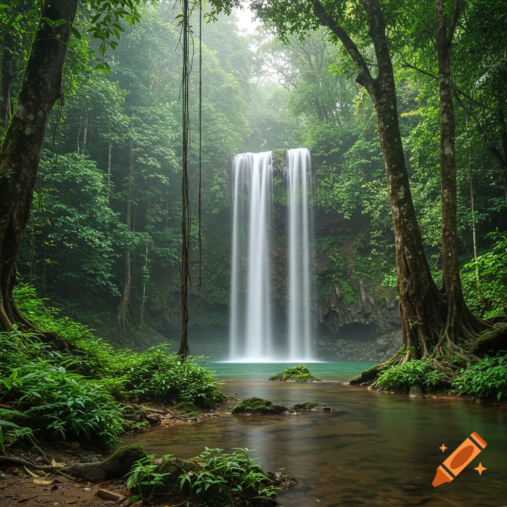 Photorealistic view of a waterfall cascading into a pool in a lush, misty jungle.