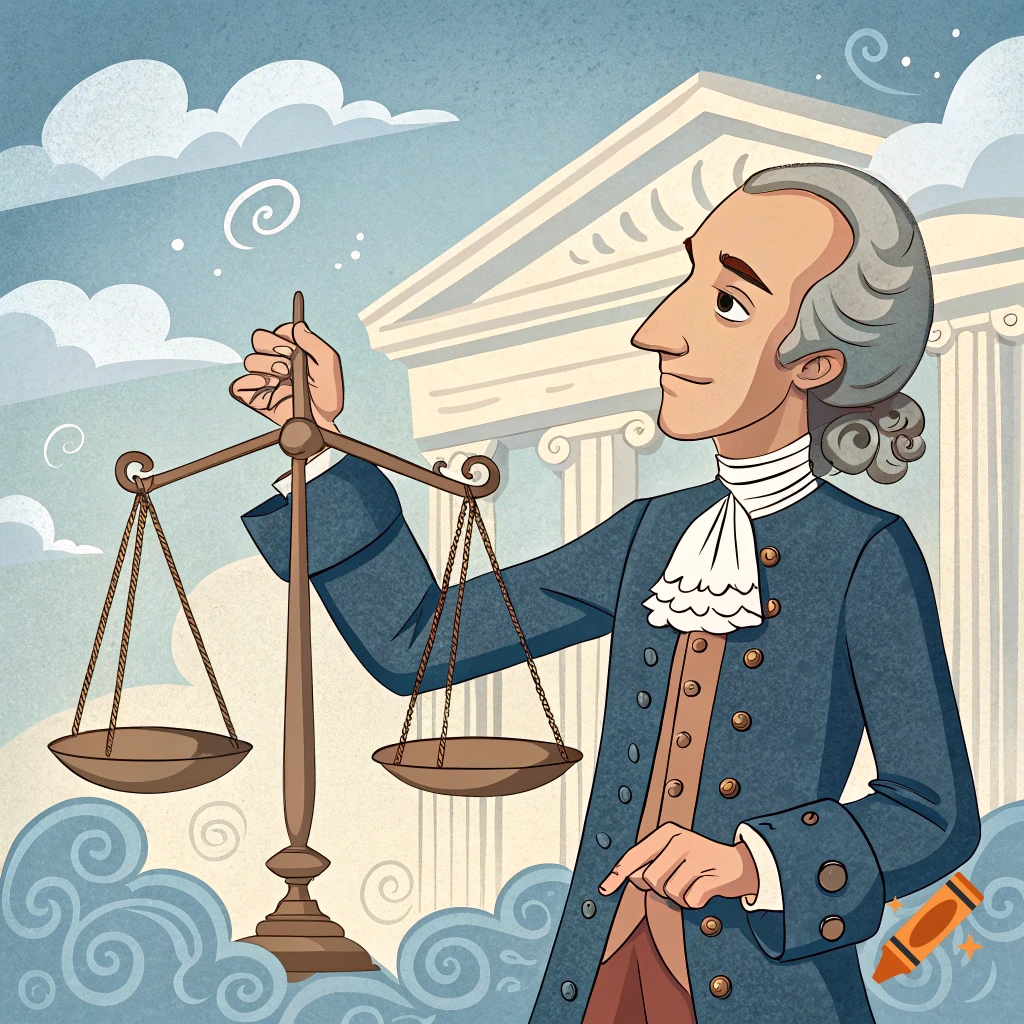 Cartoon illustration of Montesquieu holding balance scales in front of a classical building.