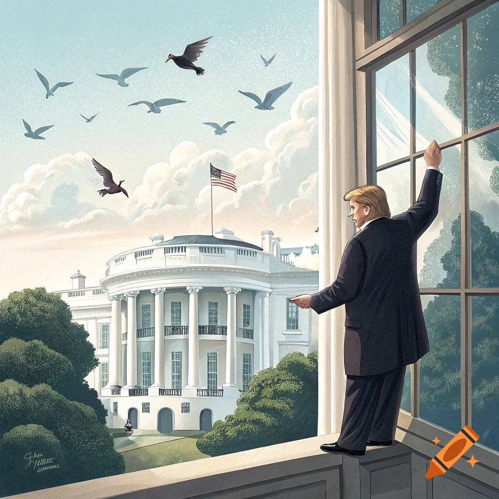 Illustration of Donald Trump releasing birds from a White House window.