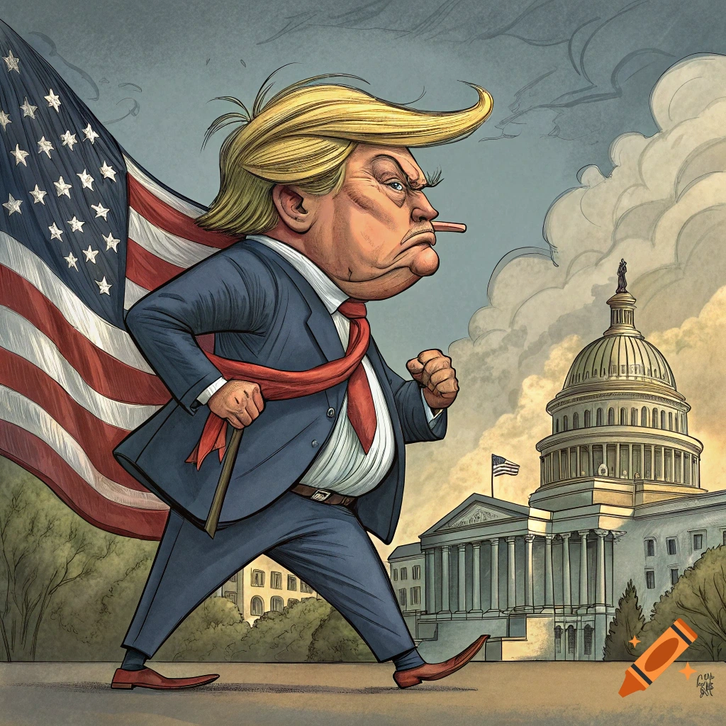 Political cartoon caricature of Donald Trump walking past the US Capitol, with a large American flag waving behind him.