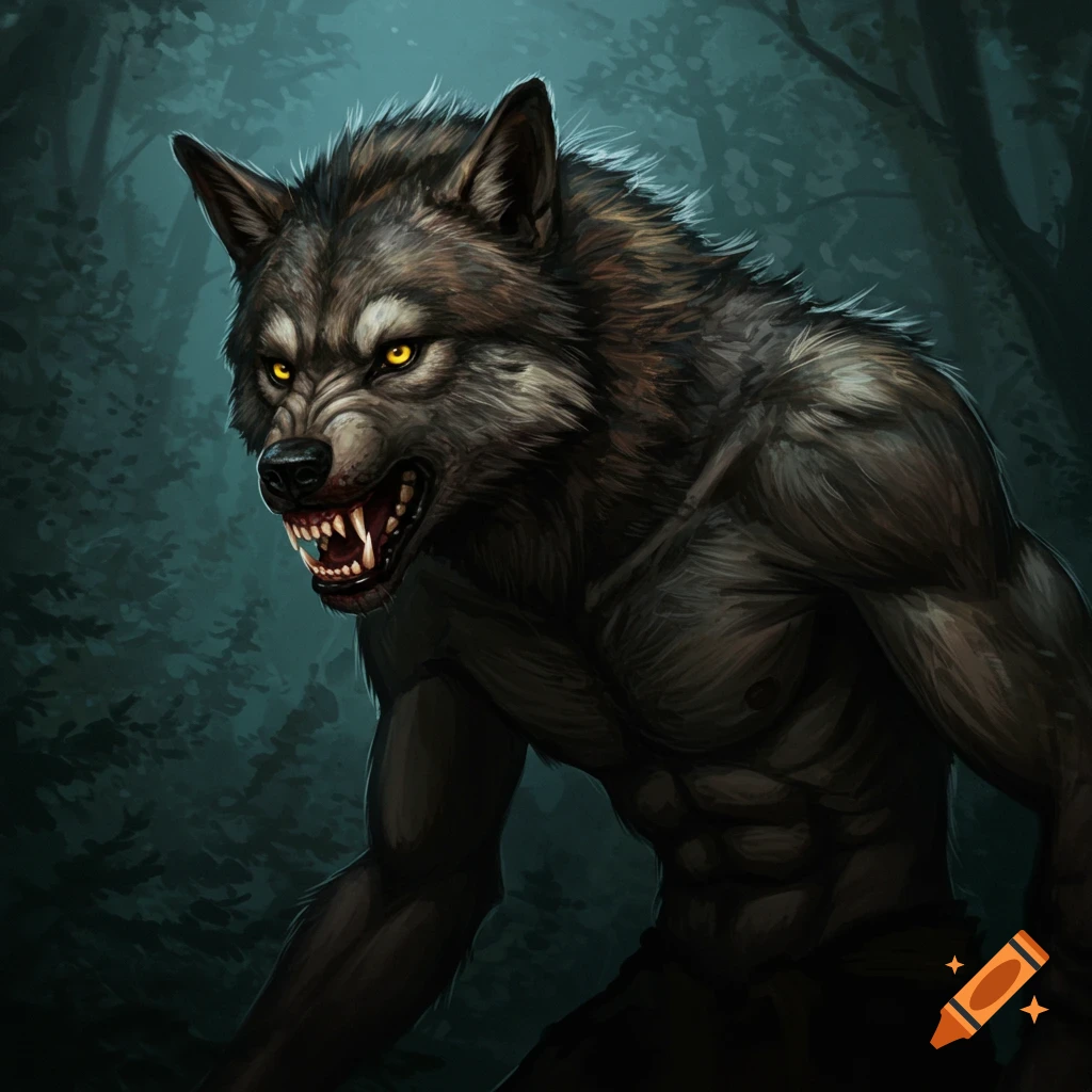 A snarling dogman or werewolf creature with glowing yellow eyes is standing in a dark forest.