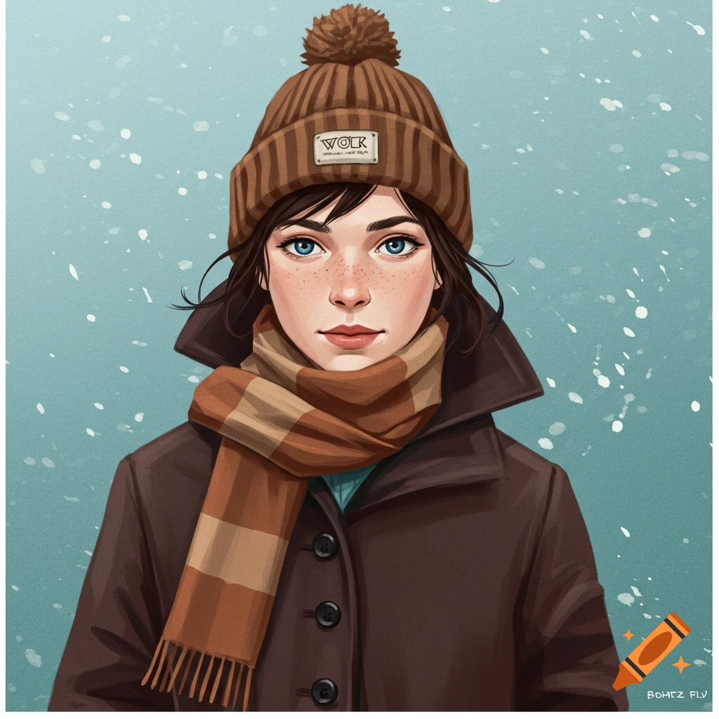 Portrait of a young woman in a brown hat and scarf during snowfall.
