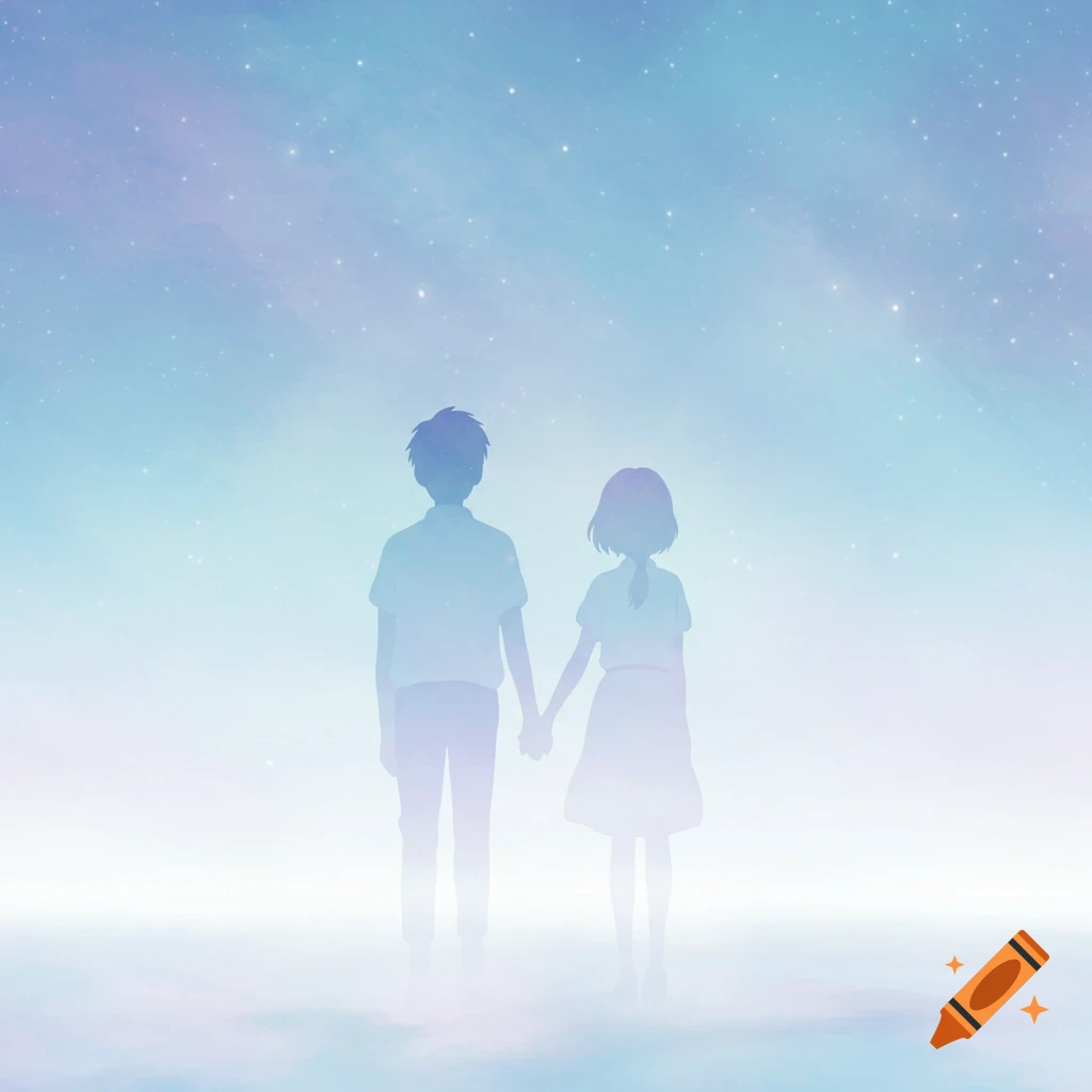 Silhouettes of a man and woman holding hands under a starry sky in a hazy, blue and lavender anime style illustration.