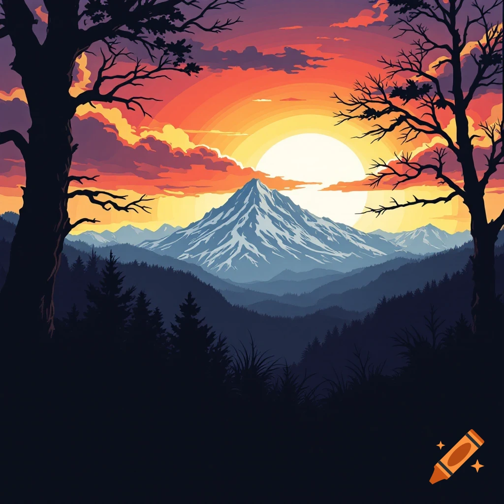 Stylized landscape with mountain, forest, and vibrant sunset sky.
