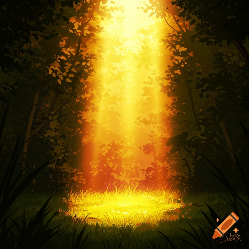 A vibrant sunbeam breaking through forest trees and illuminating a grassy clearing below.