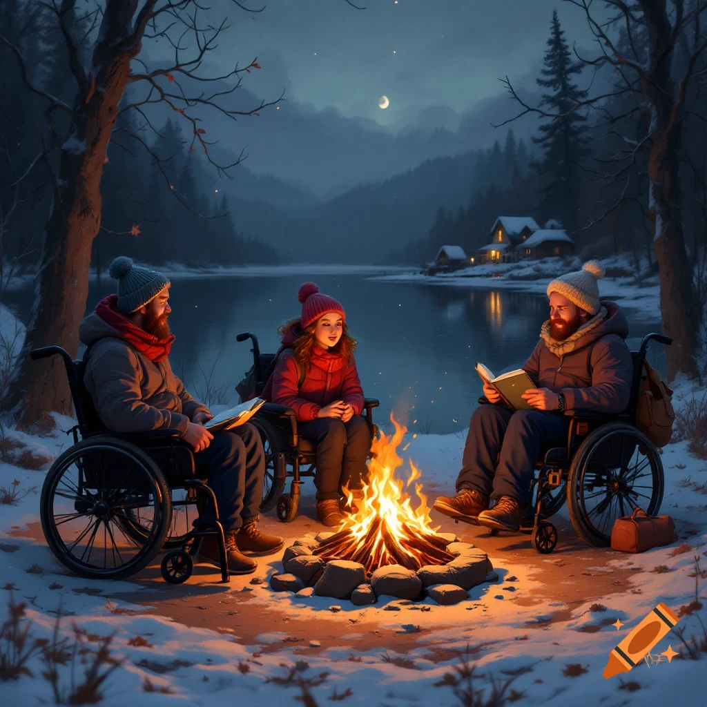 People in wheelchairs around a campfire in a snowy landscape at night.