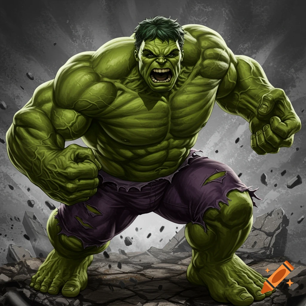 Angry Hulk standing on rubble.