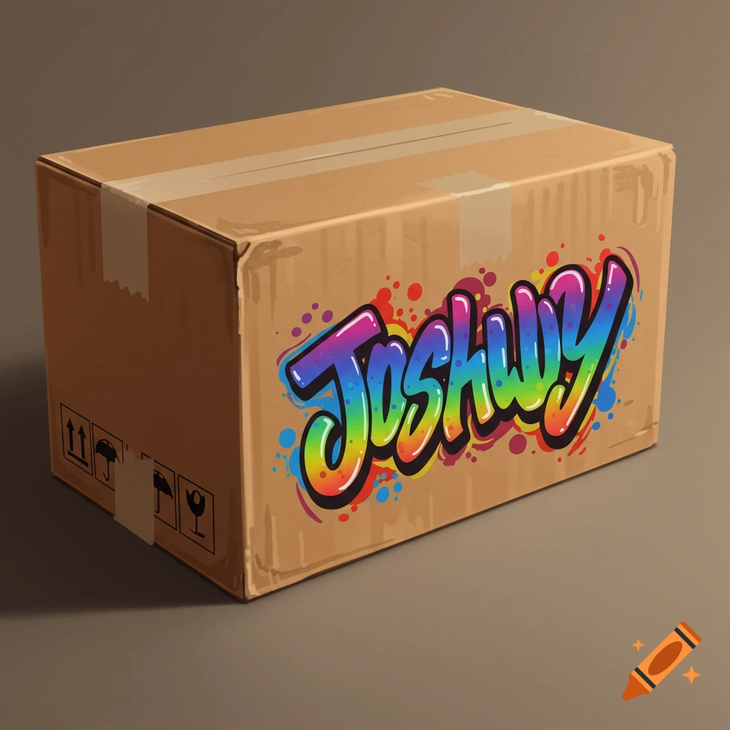 A cardboard box with colorful graffiti text