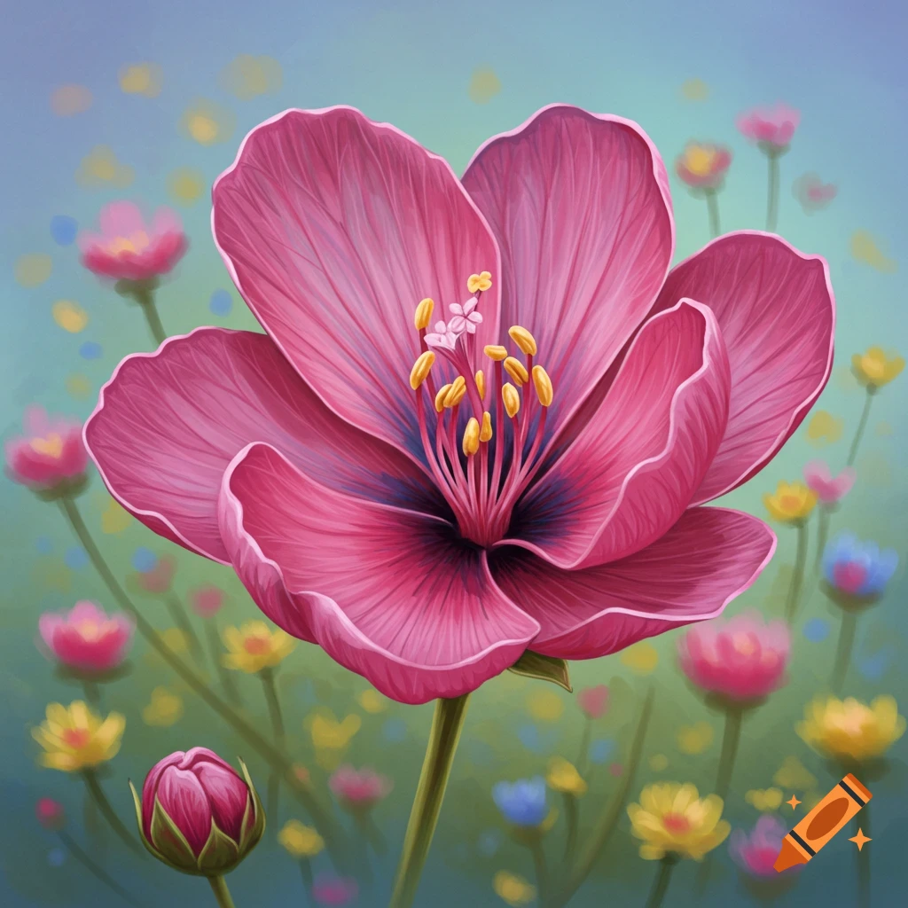 A detailed image of a pink flower with yellow stamens among blurry background flowers.
