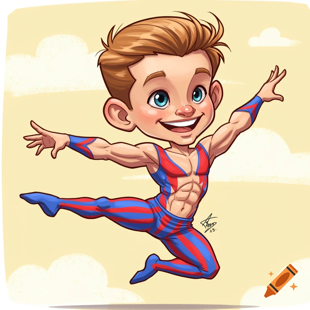 Cartoon drawing of a young boy acrobat jumping in the air, wearing a red and blue striped leotard.