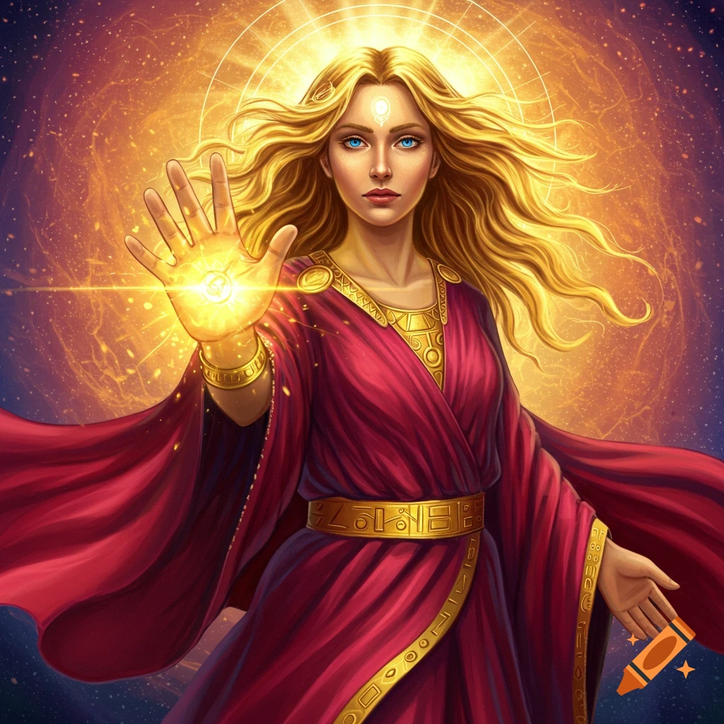 A blonde woman in a red dress holding a glowing hand against a starry background