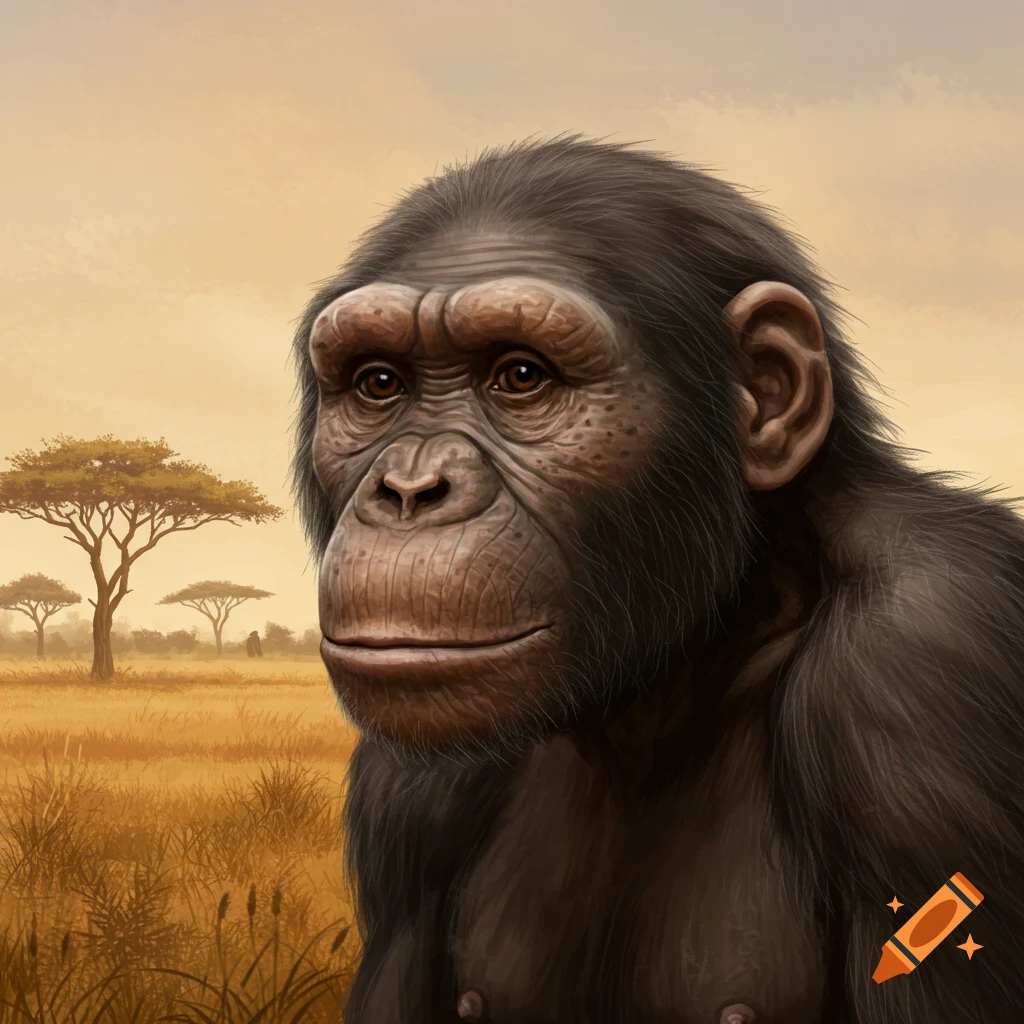 Australopithecus primate in a savanna landscape