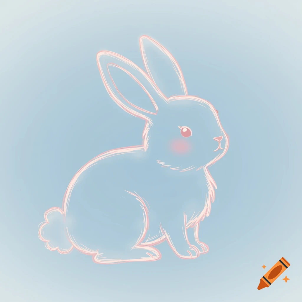 A pastel drawing of a cute bunny outline sitting against a soft blue gradient background.