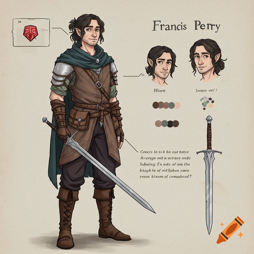 Illustration of a fantasy character reference sheet for a man with a sword and armor.