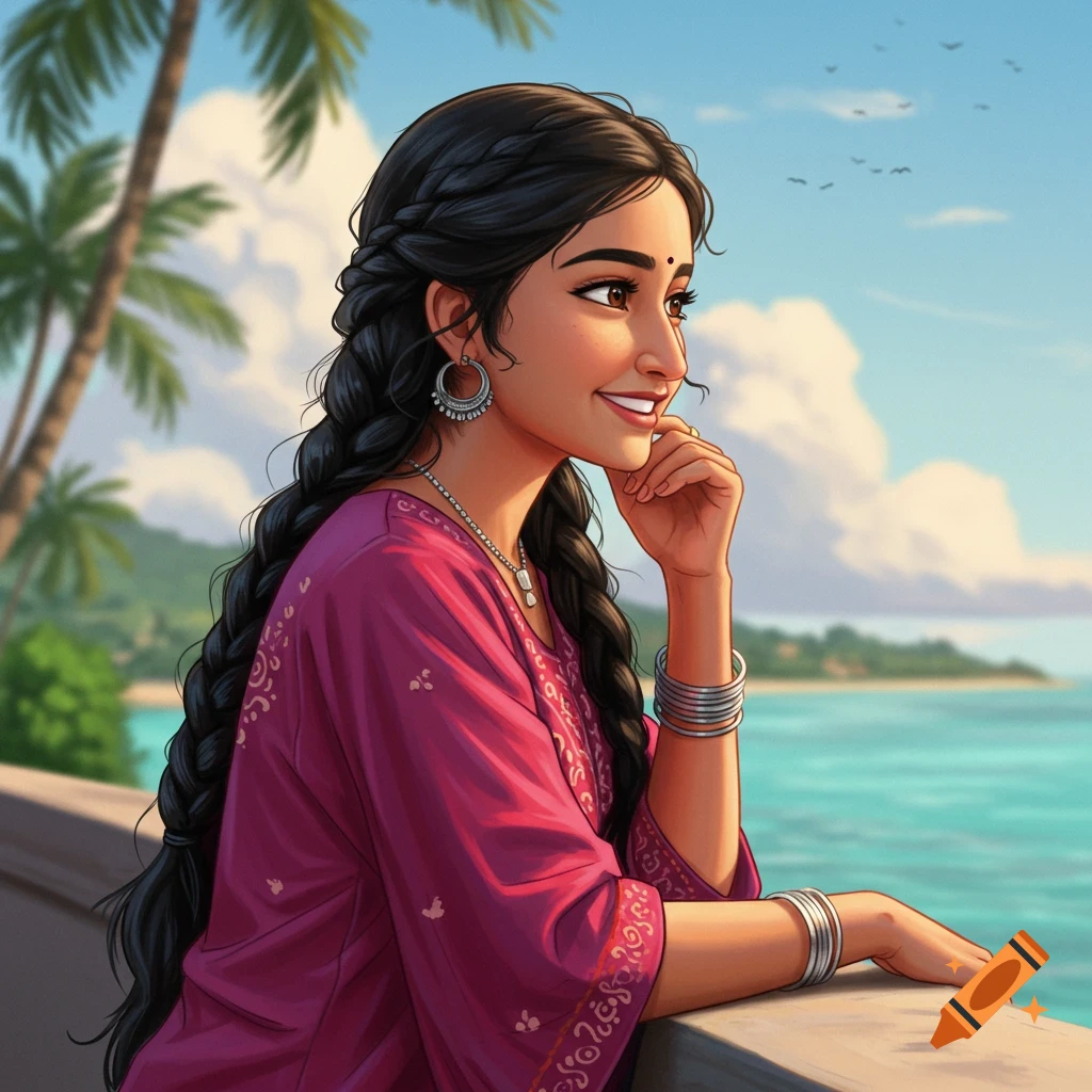 A woman with long dark braided hair, wearing a purple tunic and bracelets, looking out over a tropical beach and ocean.