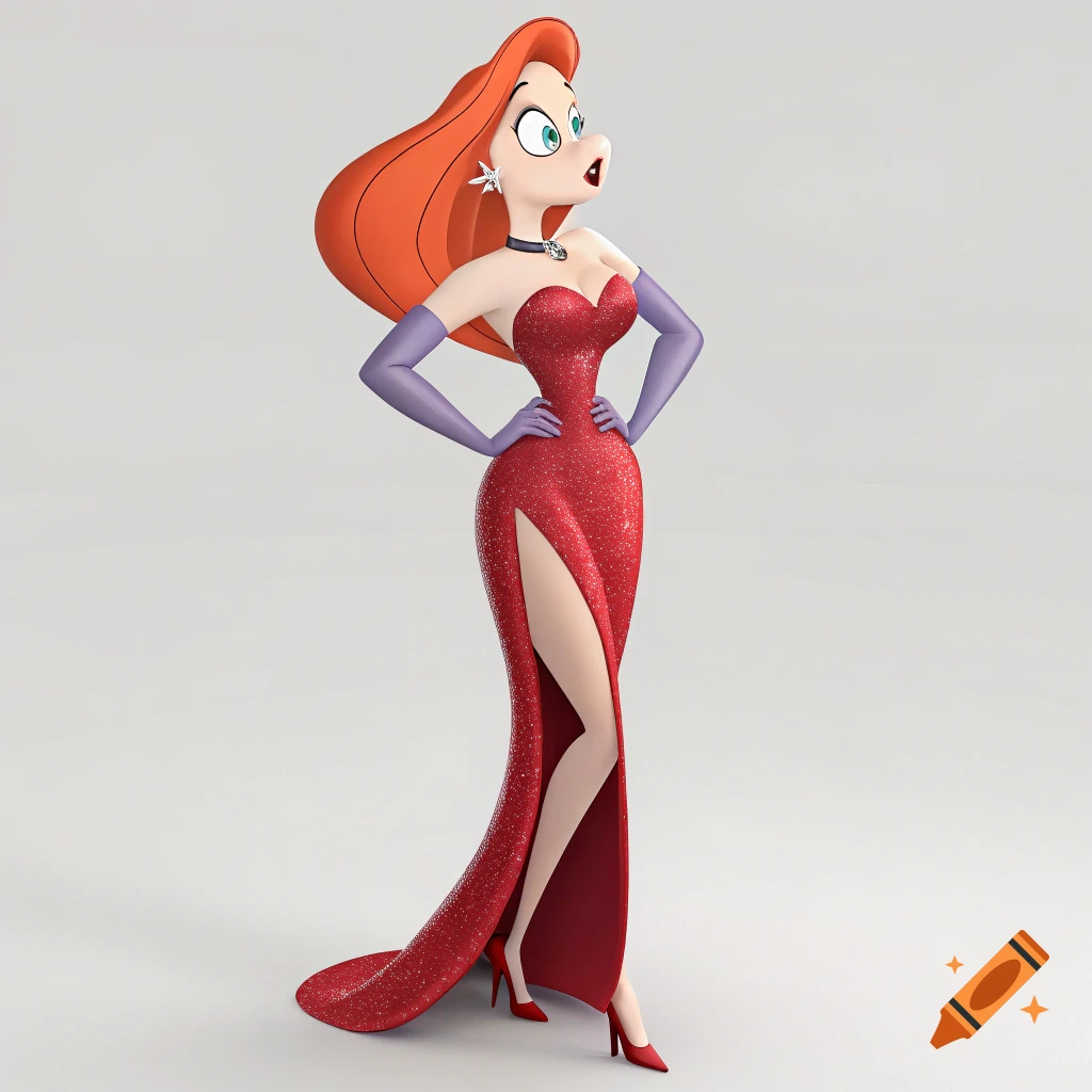 3D cartoon of Jessica Rabbit in a red dress against a gray background.
