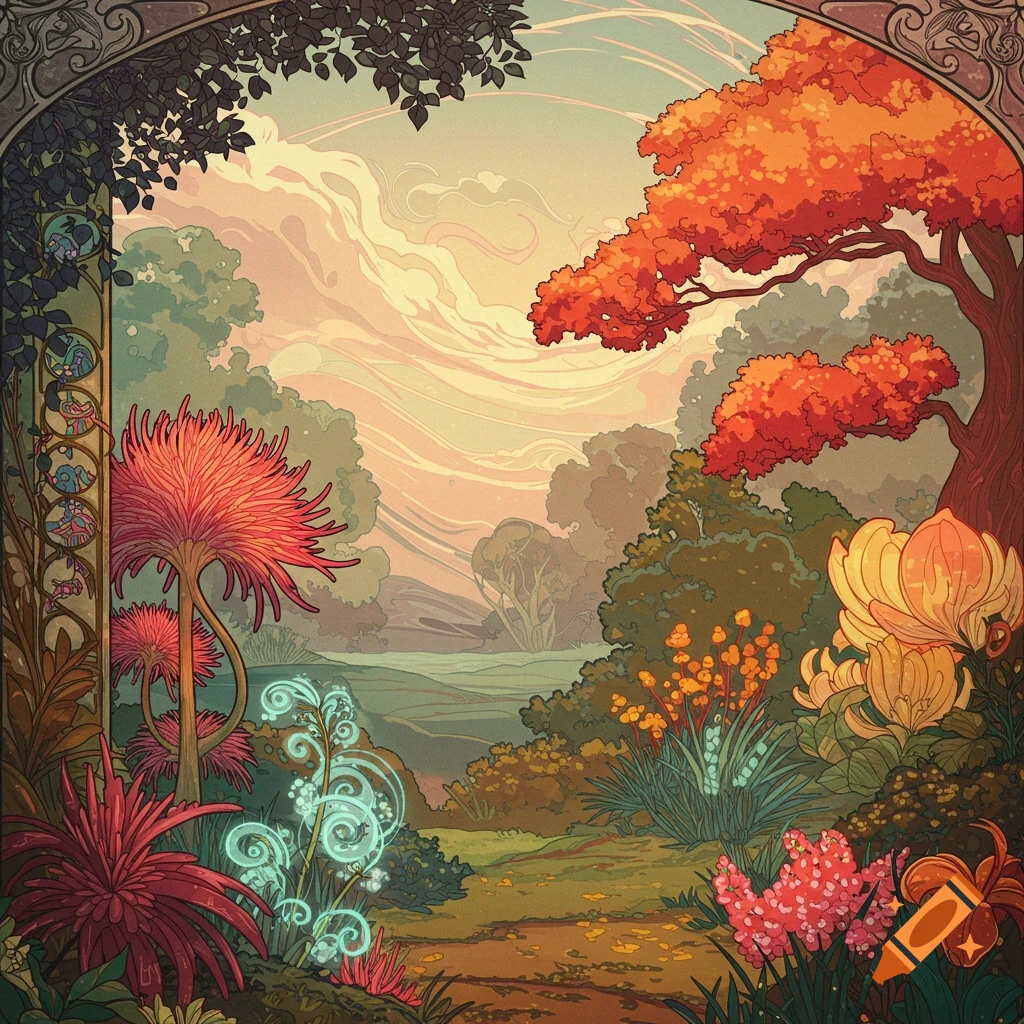 Stylized illustration of a vibrant fantasy landscape with exotic plants and trees, seen through a decorative arched frame.