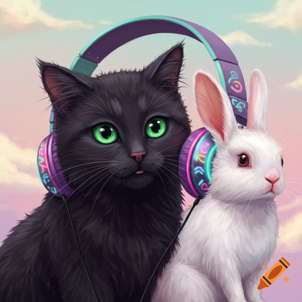 A black cat and a white rabbit share purple and teal neon headphones against a pastel sky.