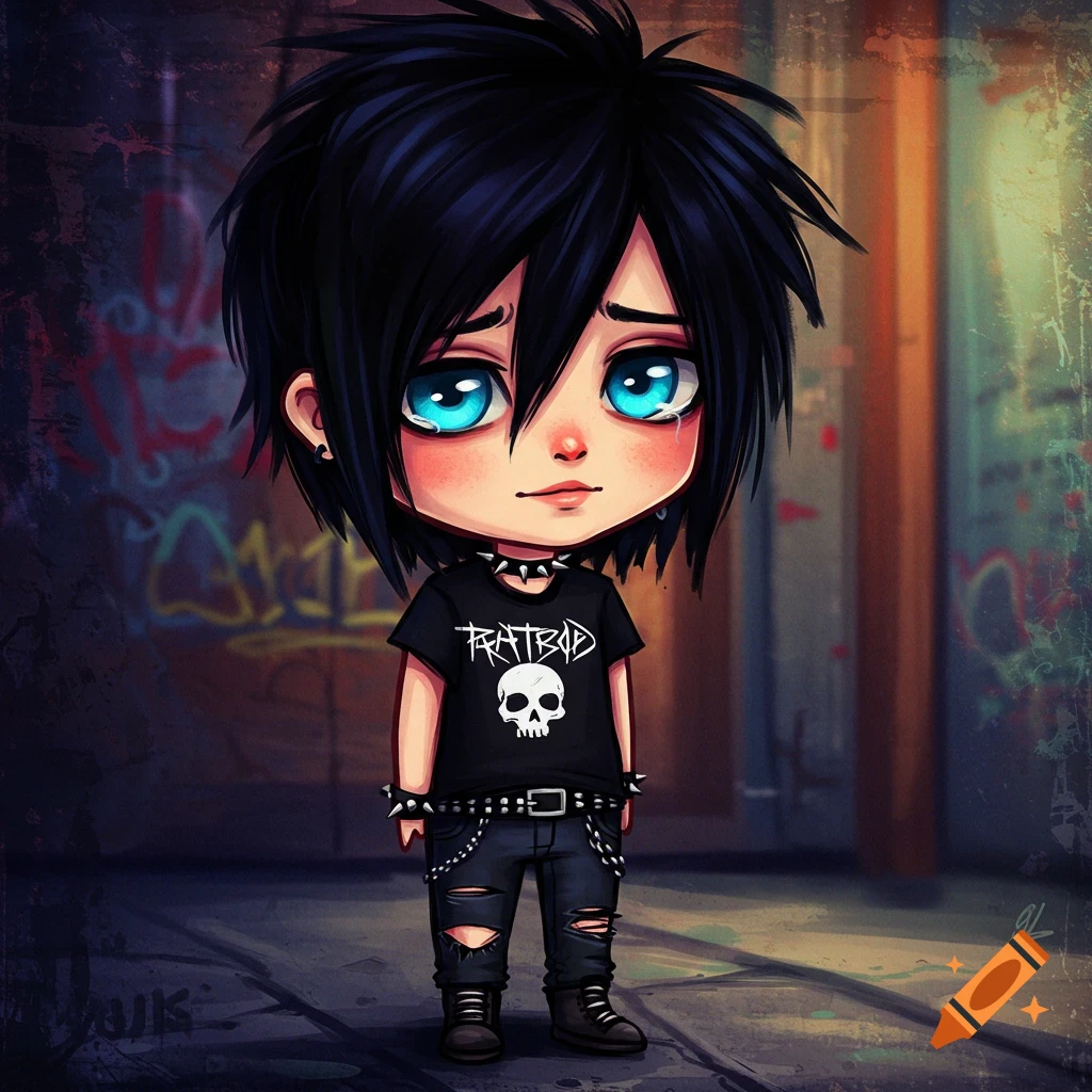 A cute chibi emo character with black hair, blue eyes, skull shirt, ripped jeans, and boots against a graffiti wall.