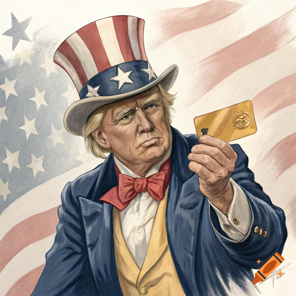 Caricature of Donald Trump dressed as Uncle Sam holding a gold card, against an American flag background.
