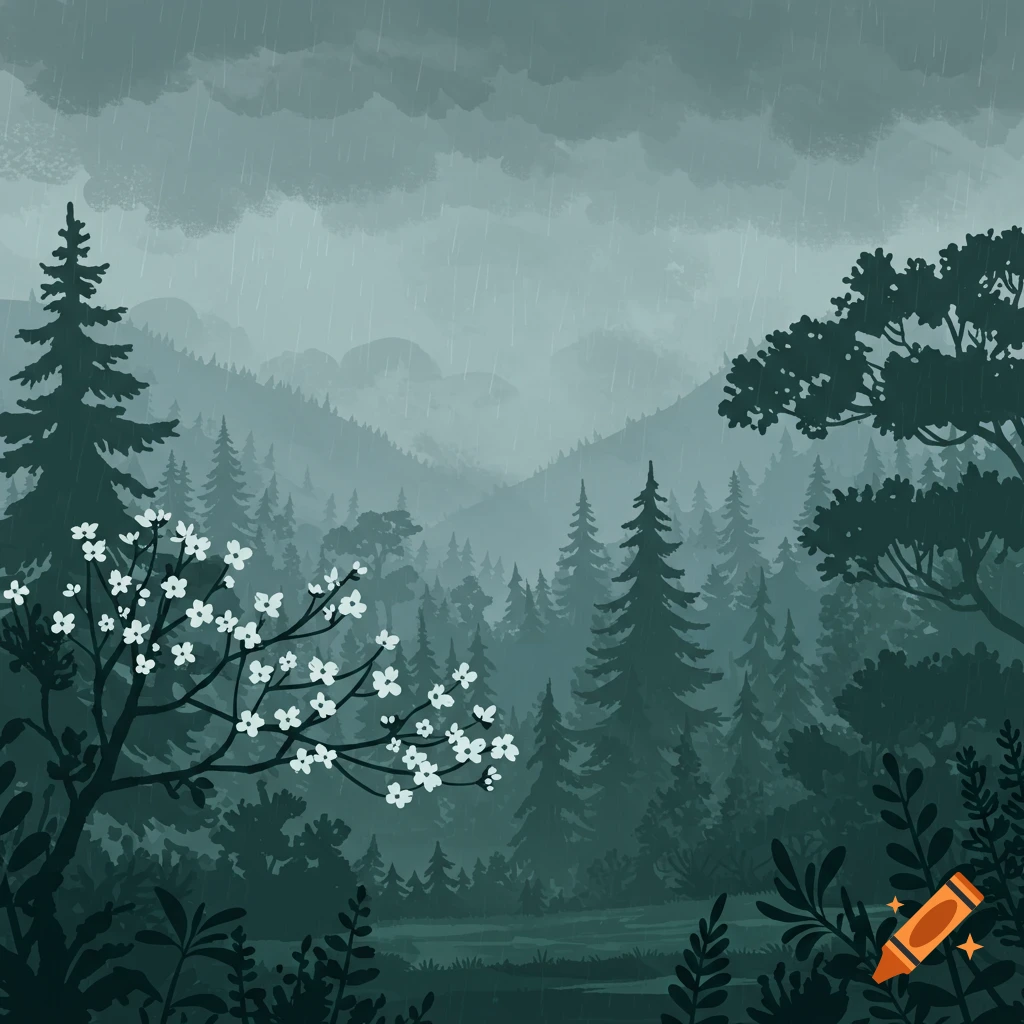 A stylized illustration of a monochromatic green forest in the rain, with hills in the background and a flowering dogwood tree in the foreground.