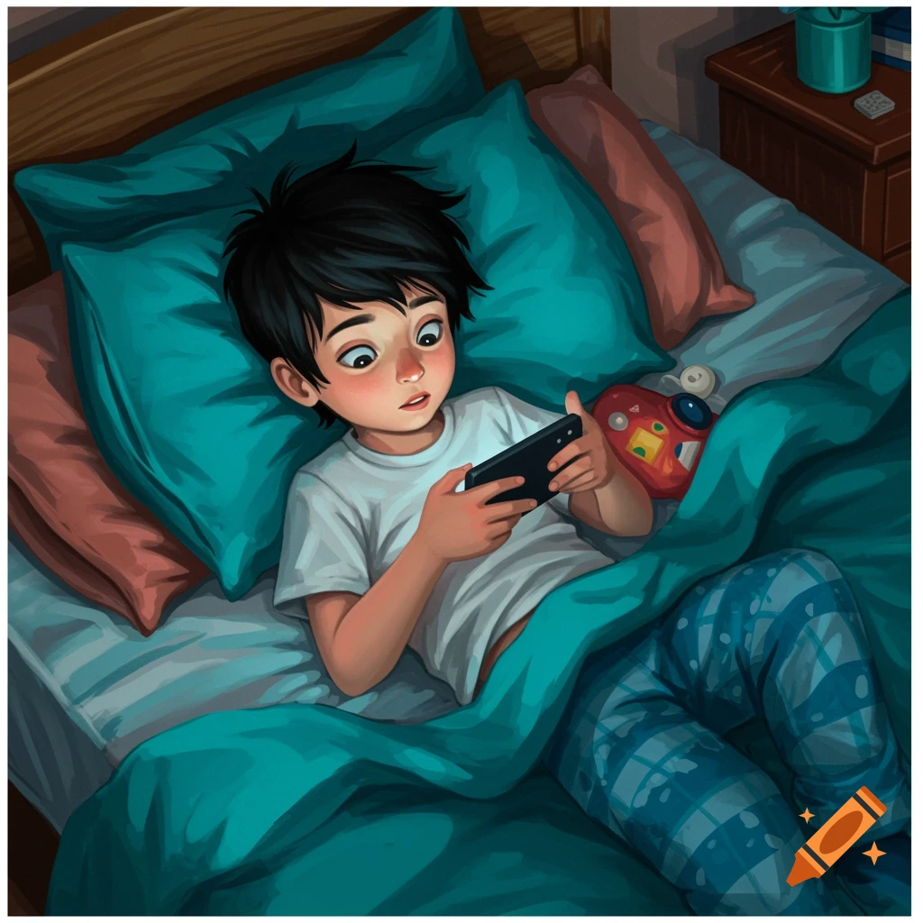A young boy in bed looking at a smartphone.