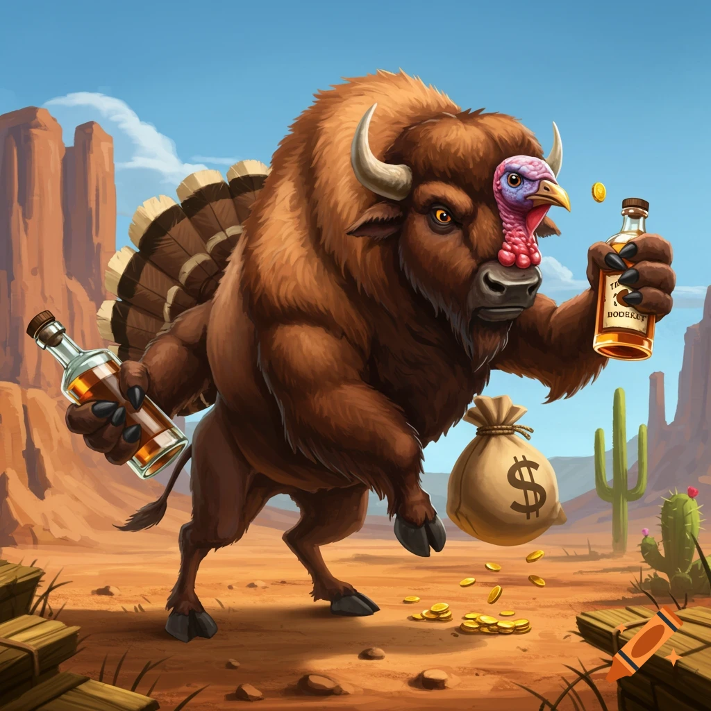 A buffalo and turkey hybrid creature in a western setting holding a bottle of whiskey and a bag of money.