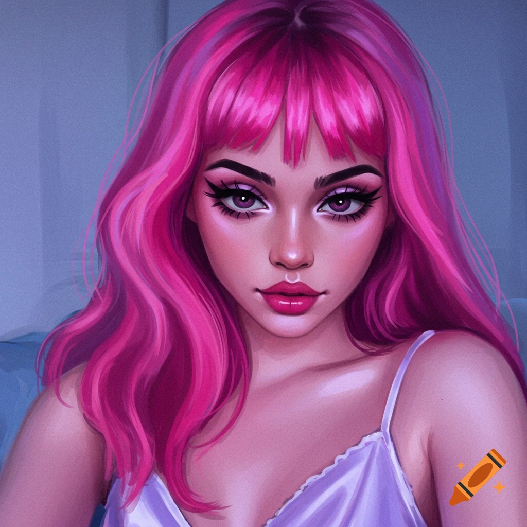 A woman with pink hair and heavy eye makeup wearing a light top.