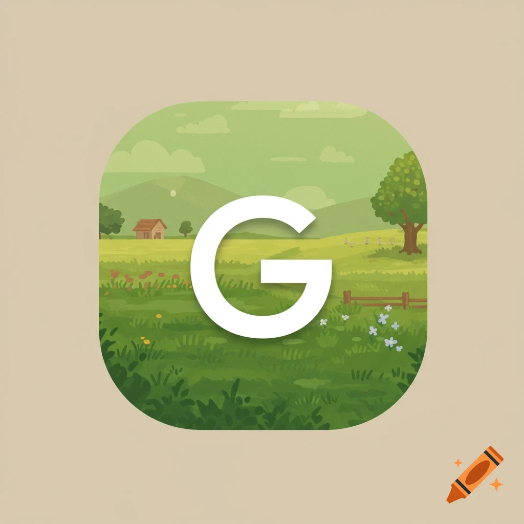 Stylized landscape scene (Stardew Valley themed) with a large white letter G over it, within a rounded square frame.