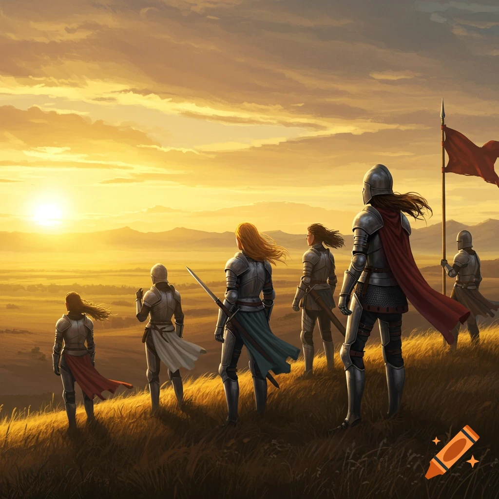 Women in armor standing on a hill overlooking a vast landscape at sunset.