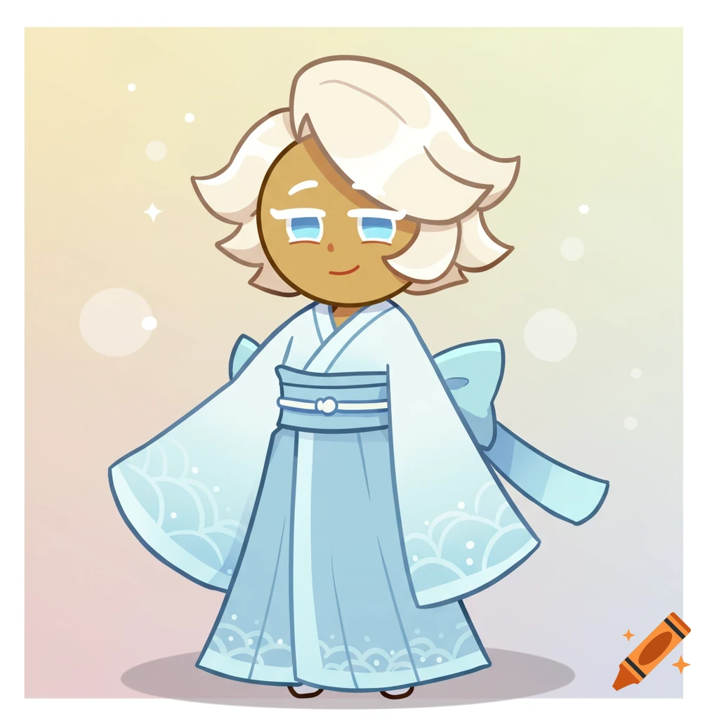 Cartoon character in Cookie Run Kingdom style wearing a white and light blue kimono, smiling.