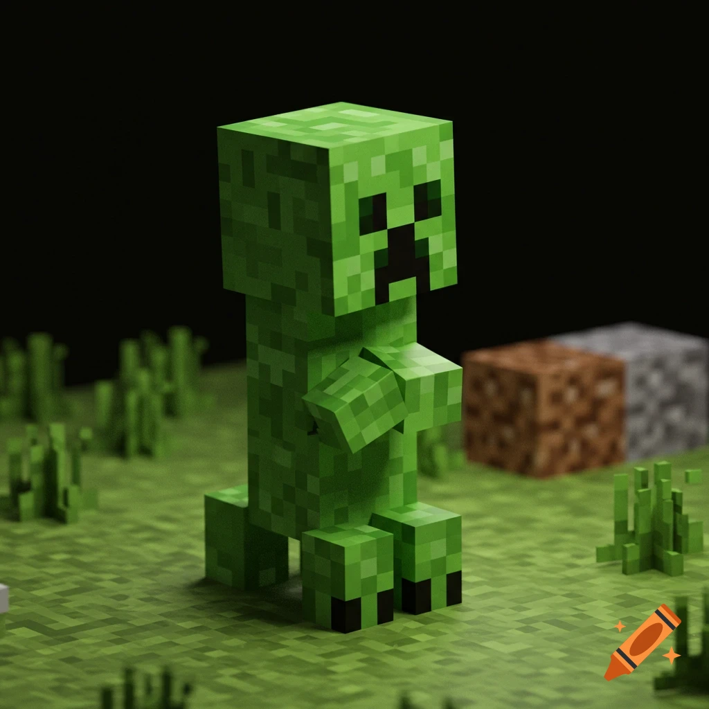 A Minecraft Creeper stands in a grassy field