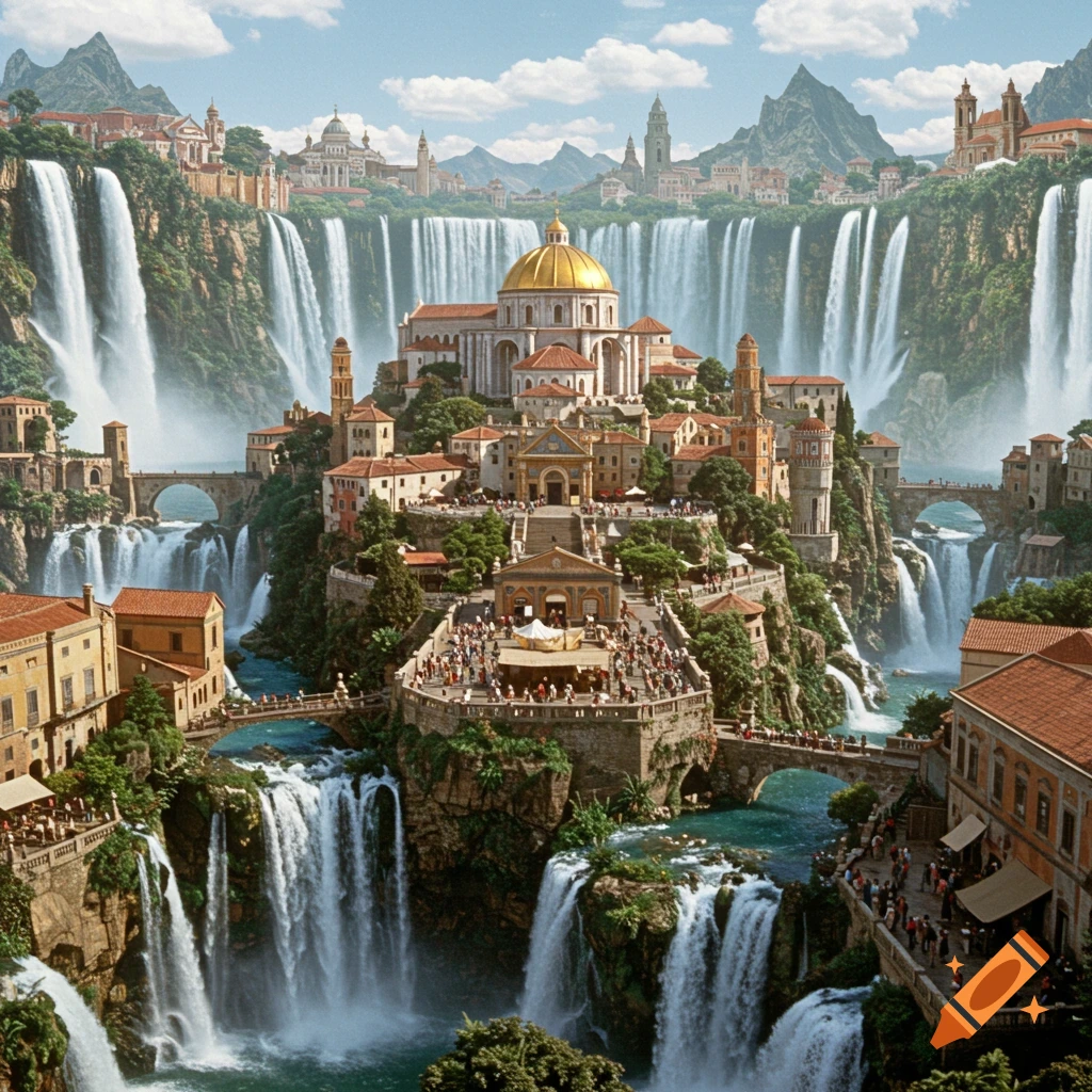 A panoramic view of a grand majestic Renaissance city built on multiple waterfalls and cliffs, surrounded by mountains.