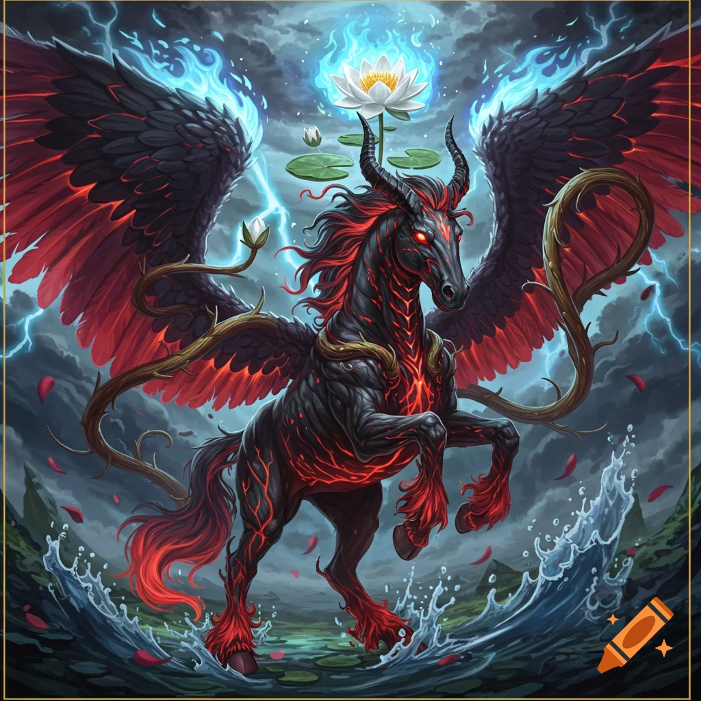 Demonic horse with flaming red and black wings, covered in fiery cracks and vines, with a water lily on its head, amidst lightning and water in an anime style.