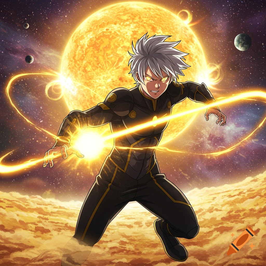 Anime character controls glowing energy in space near a large sun.