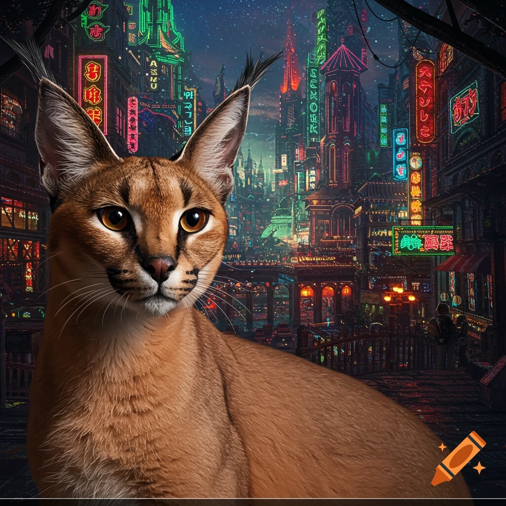 A realistic caracal cat poses in front of a vibrant, neon-lit cyberpunk cityscape.