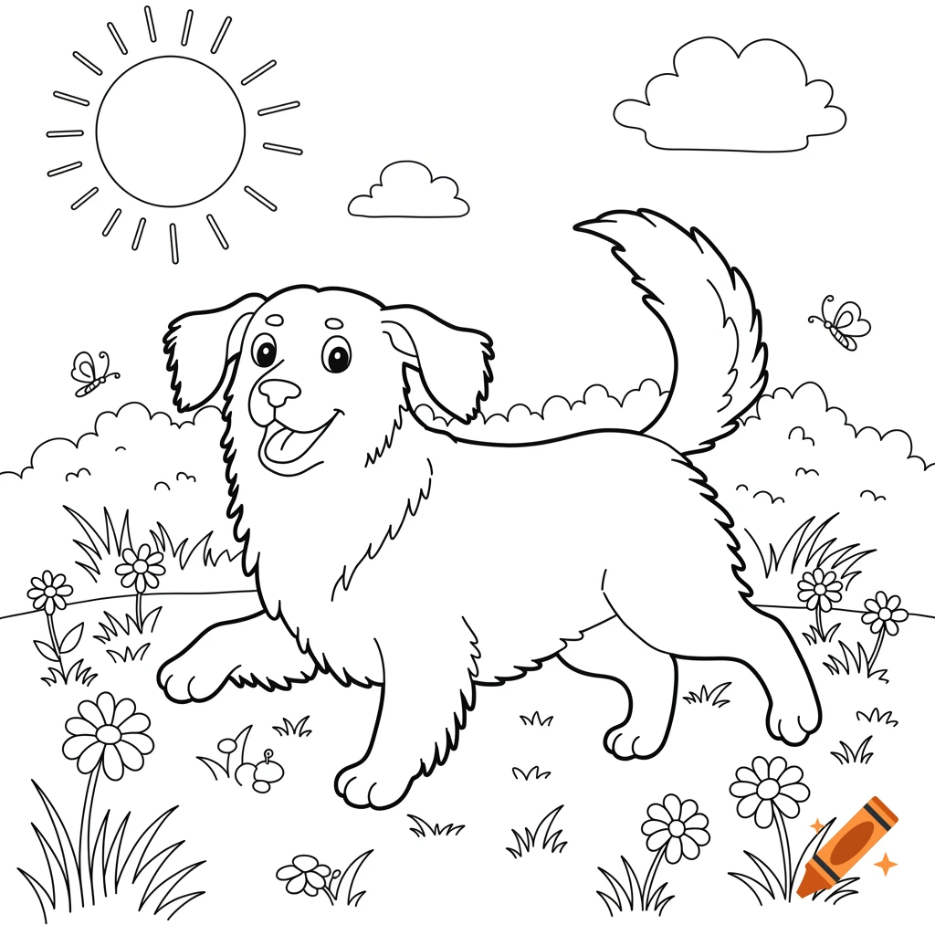 Line art of a golden retriever dog running in a field with flowers under a sun and clouds, for a coloring book.
