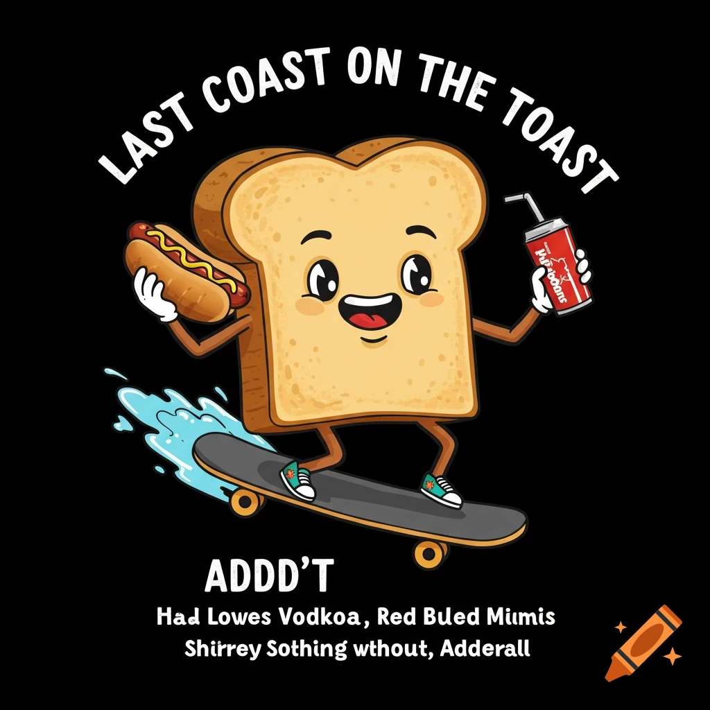Cartoon toast character skateboards, holding a hot dog and a drink can. Text reads: LAST COAST ON THE TOAST, ADDD'T, etc.