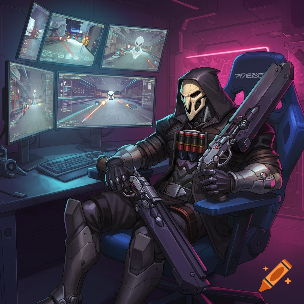 Overwatch character Reaper sits in a gaming chair holding shotguns, surrounded by monitors showing gameplay.