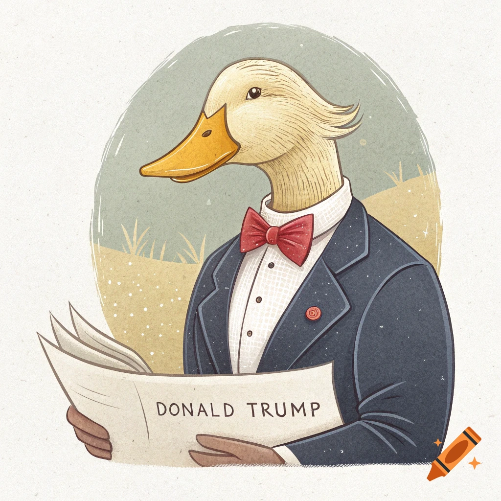 Cartoon illustration of a duck in a suit reading a paper that says DONALD TRUMP.