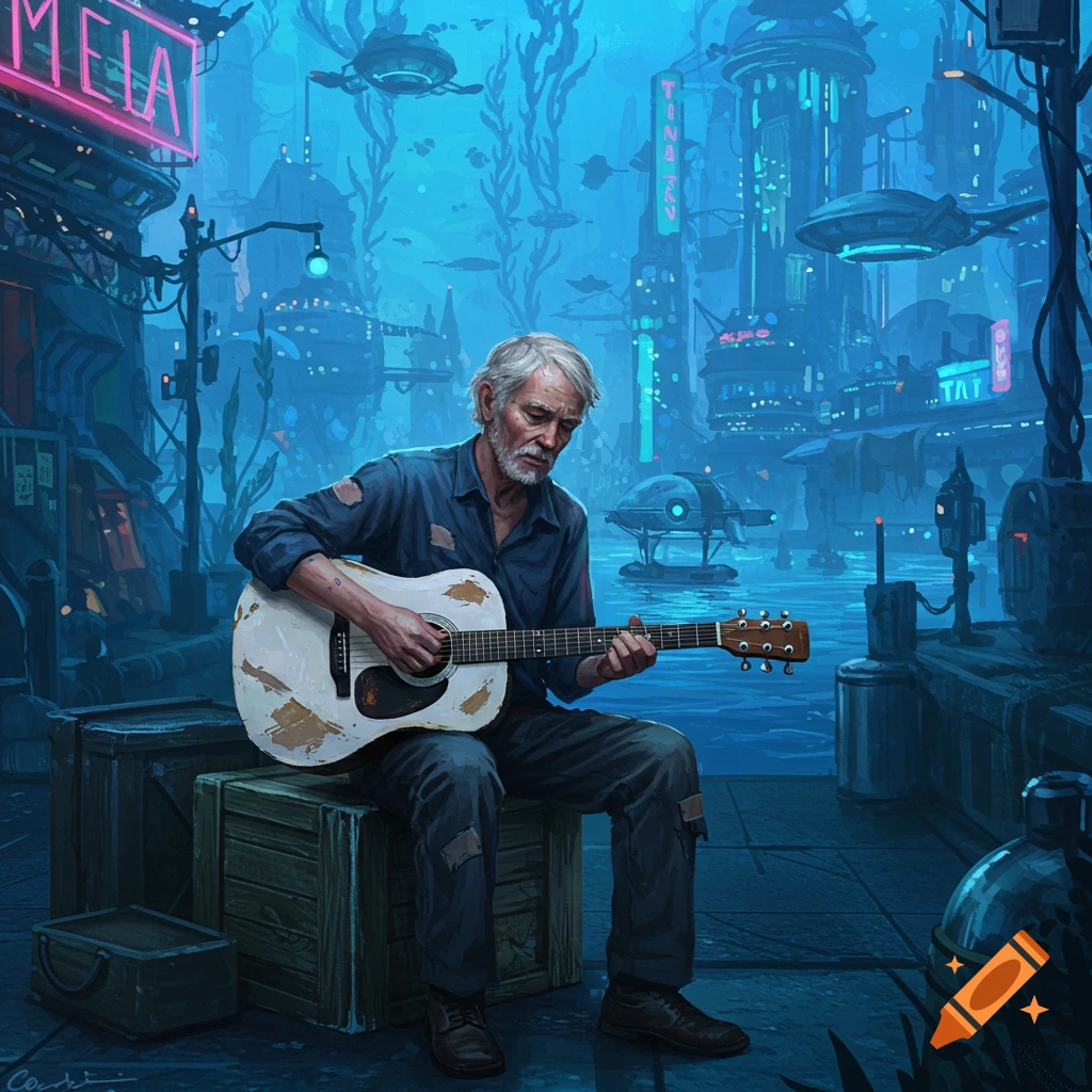 A man playing guitar in a sci-fi underwater city.