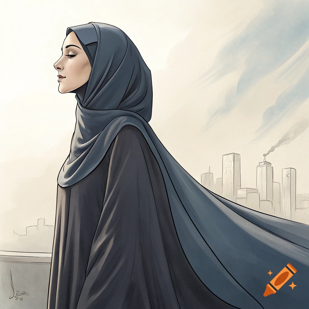 Digital illustration of a woman in a dark hijab looking left, with a city skyline.