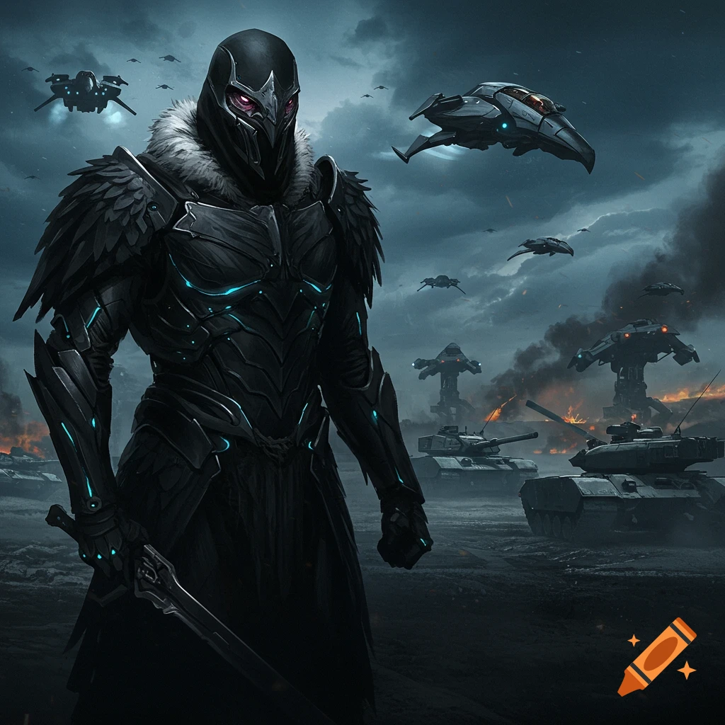 A dark warrior in black futuristic armor stands before tanks and flying vehicles on a smoky battlefield.