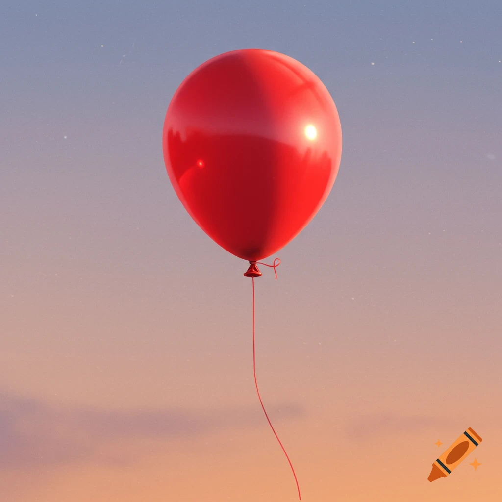 A red balloon floats in a cloudy sky
