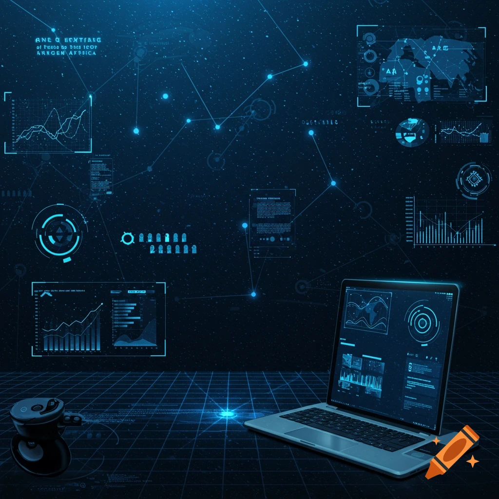 A digital rendering of futuristic technology with a laptop, glowing data visualizations, and network connections in a dark blue digital space.