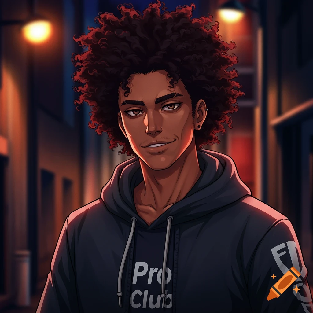 Anime portrait of a young man with curly hair in a dark hoodie at night.