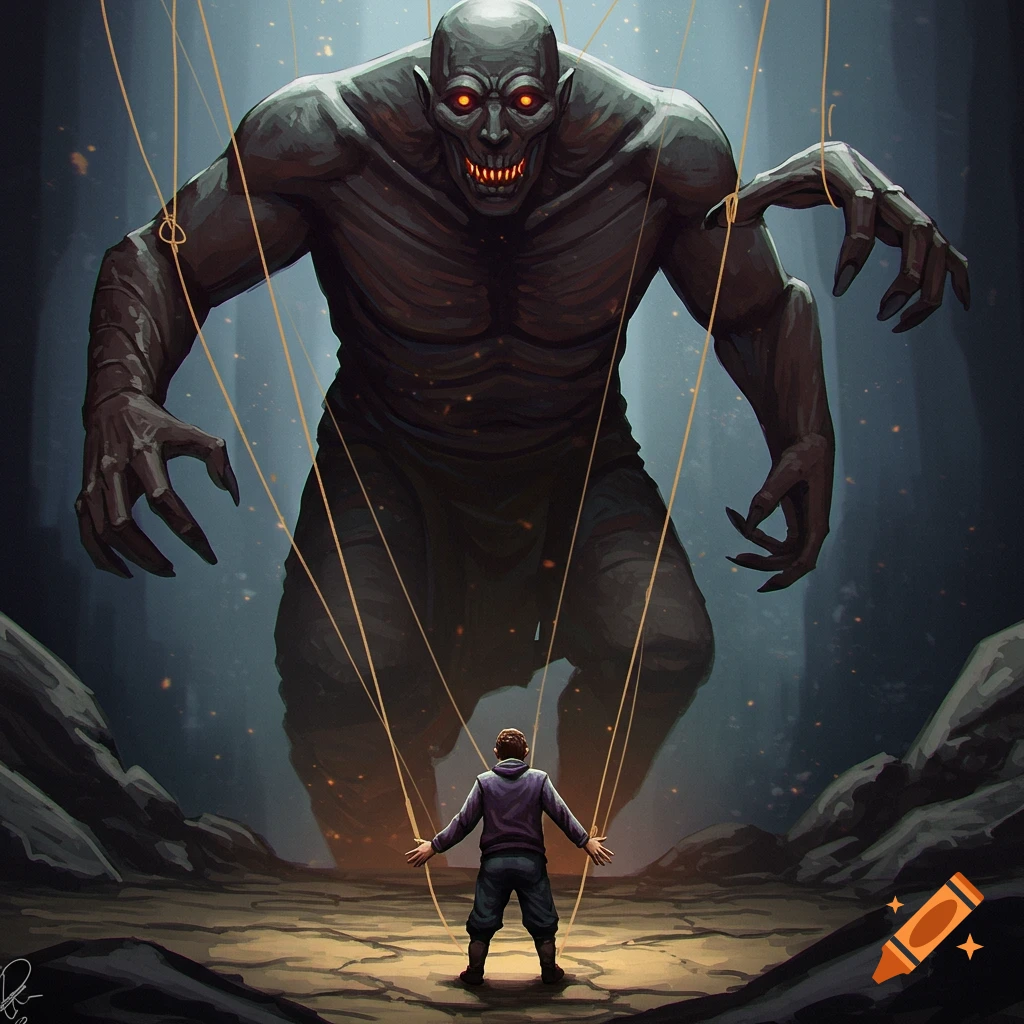 A small figure is controlled by strings attached to a large, dark monster with glowing red eyes.