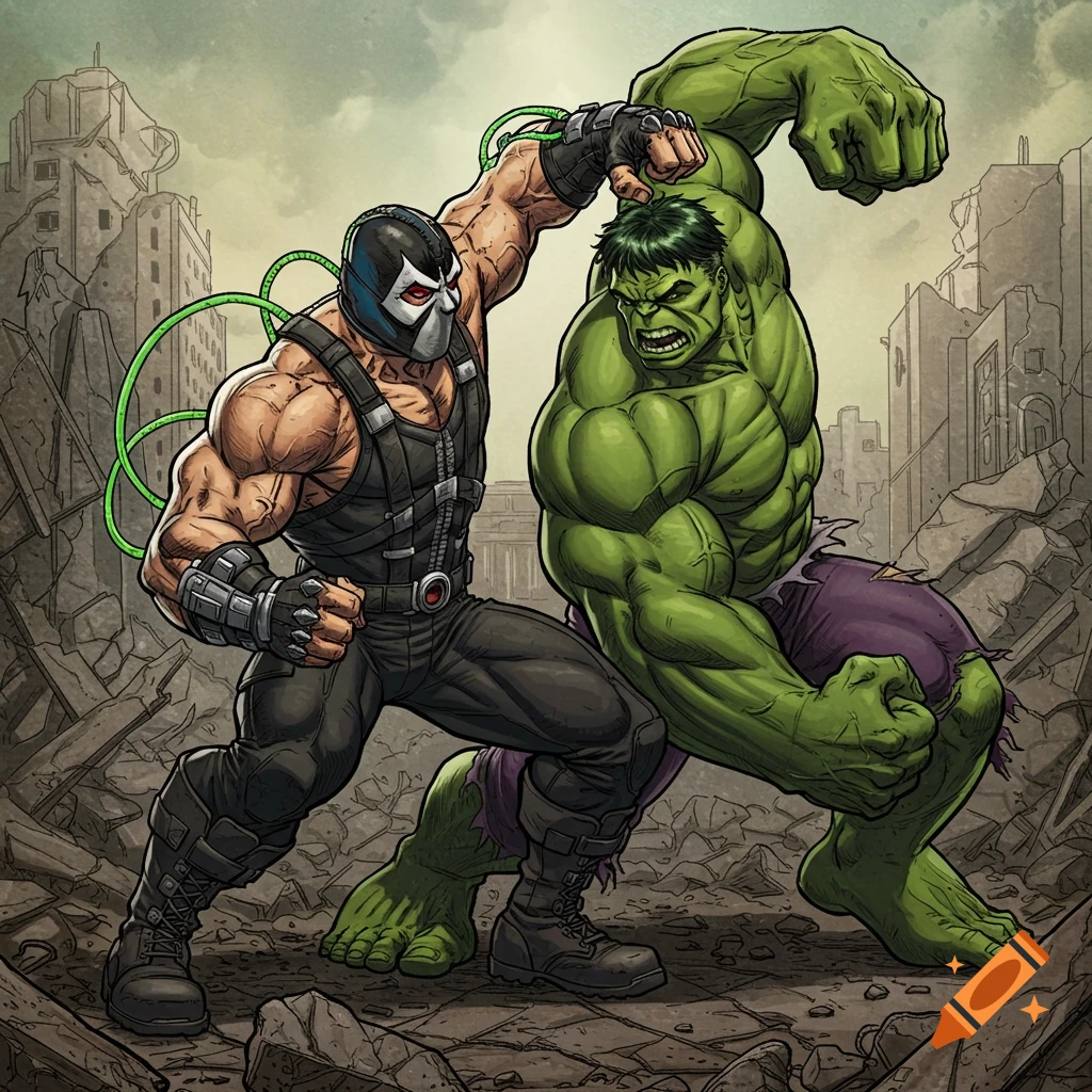 Bane and Hulk fighting in a destroyed city.