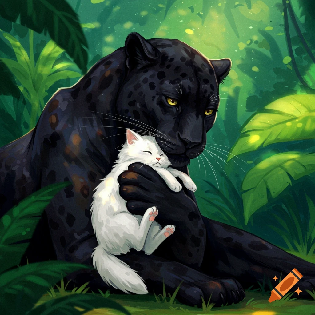A black panther cuddling a white cat in a lush jungle